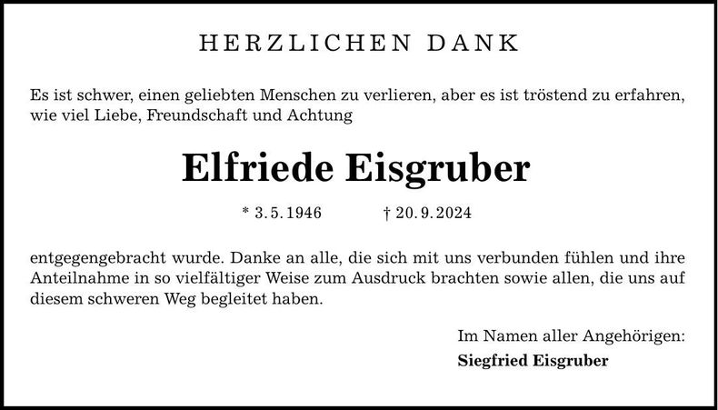 Traueranzeige Elfriede Eisgruber