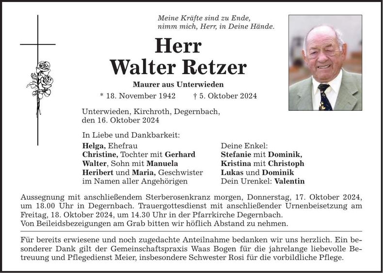 Traueranzeige Walter Retzer