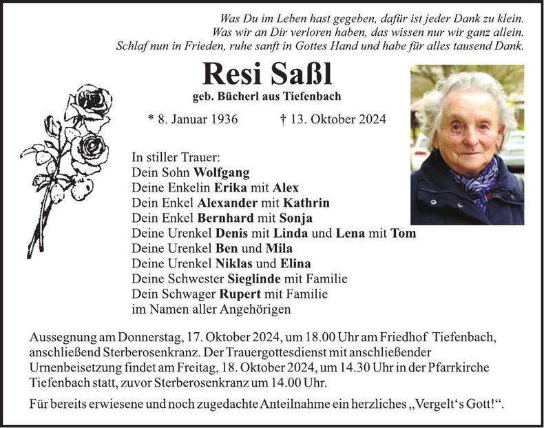 Traueranzeige Resi Saßl