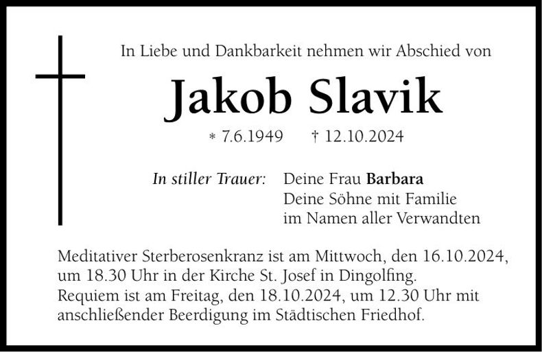 Traueranzeige Jakob Slavik