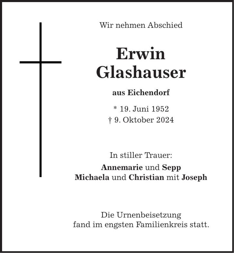 Traueranzeige Erwin Glashauser