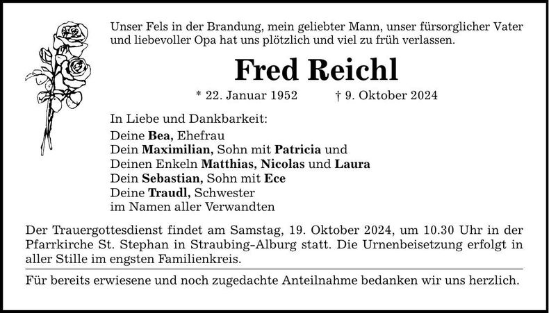 Traueranzeige Fred Reichl