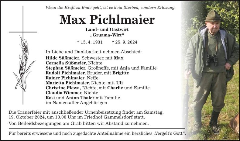 Traueranzeige Max Pichlmaier