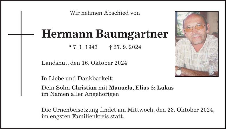 Traueranzeige Hermann Baumgartner