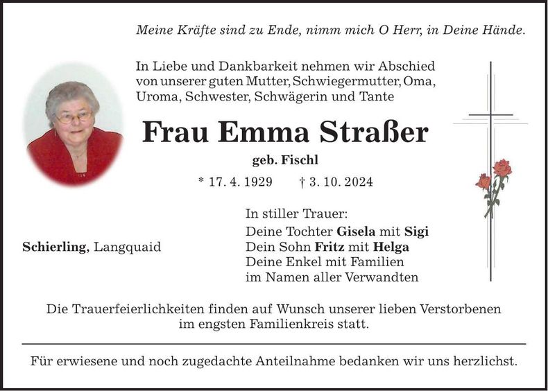 Traueranzeige Emma Straßer