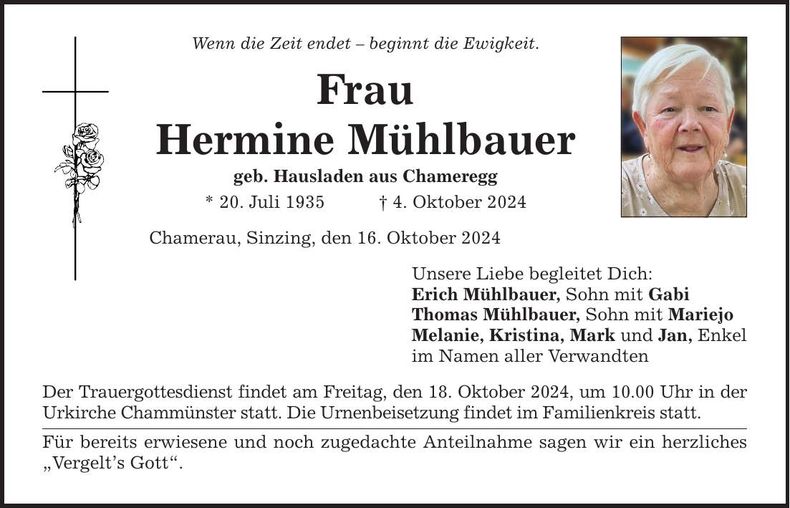 Traueranzeige Hermine Mühlbauer