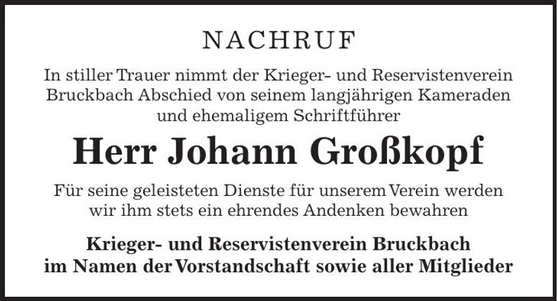 Traueranzeige Johann Großkopf