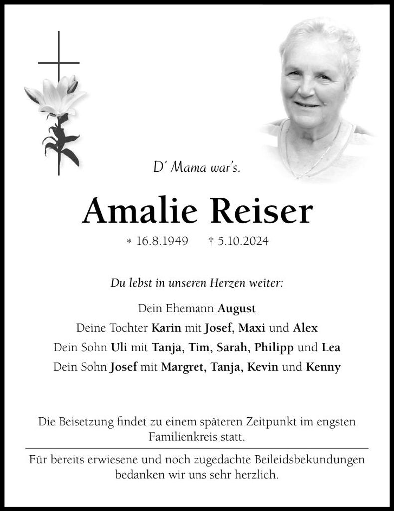 Traueranzeige Amalie Reiser
