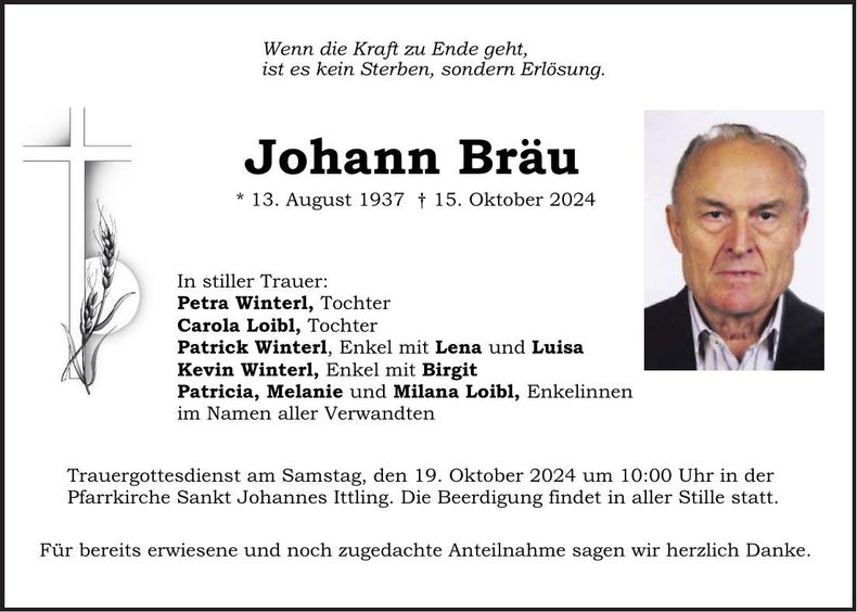 Traueranzeige Johann Bräu