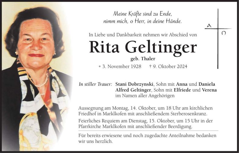 Traueranzeige Rita Geltinger