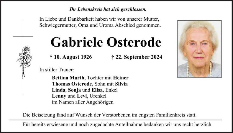 Traueranzeige Gabriele Osterode