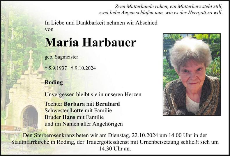 Traueranzeige Maria Harbauer
