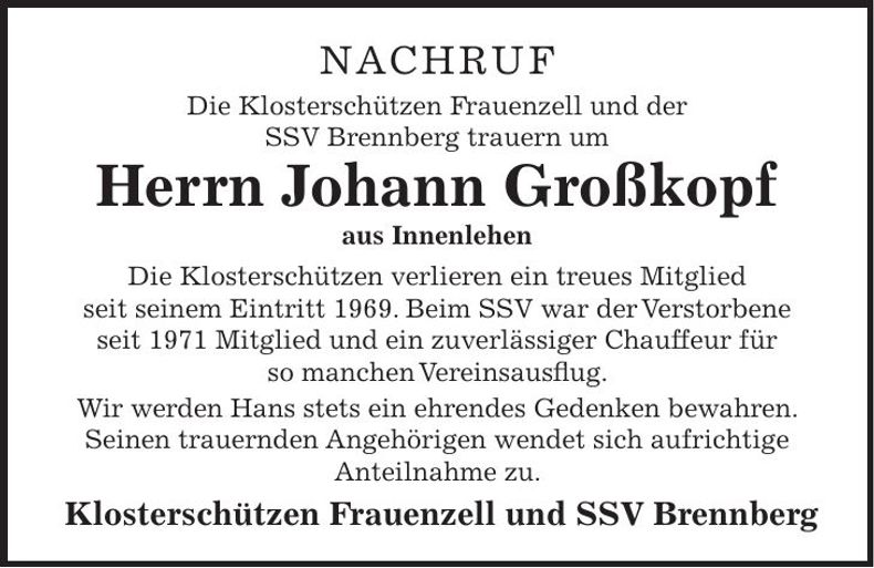 Traueranzeige Johann Großkopf