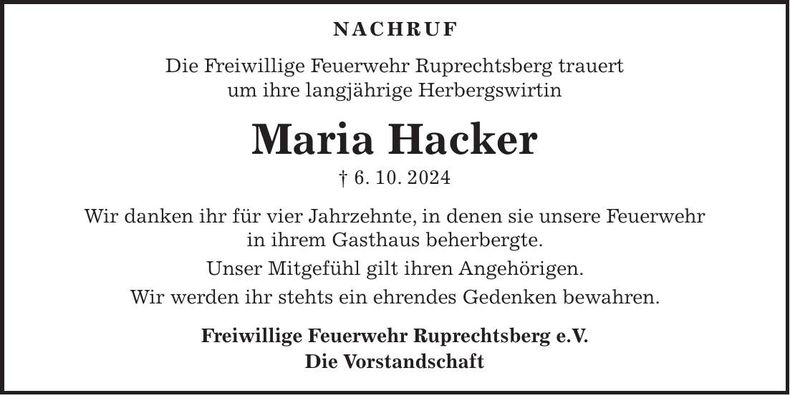Traueranzeige Maria Hacker