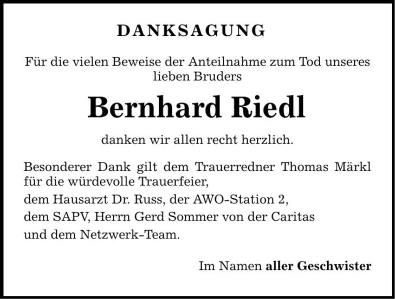 Traueranzeige Bernhard Riedl