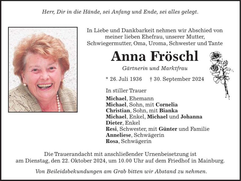 Traueranzeige Anna Fröschl