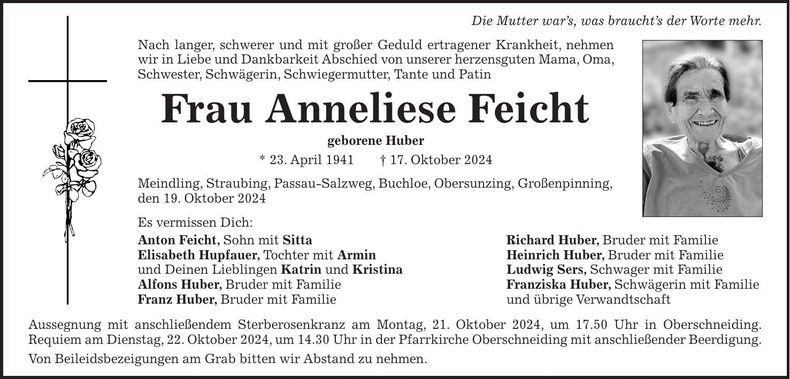 Traueranzeige Anneliese Feicht