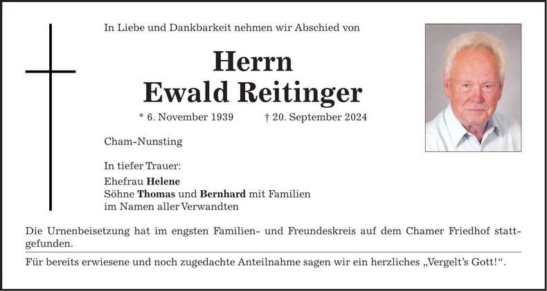 Traueranzeige Erwald Reitinger