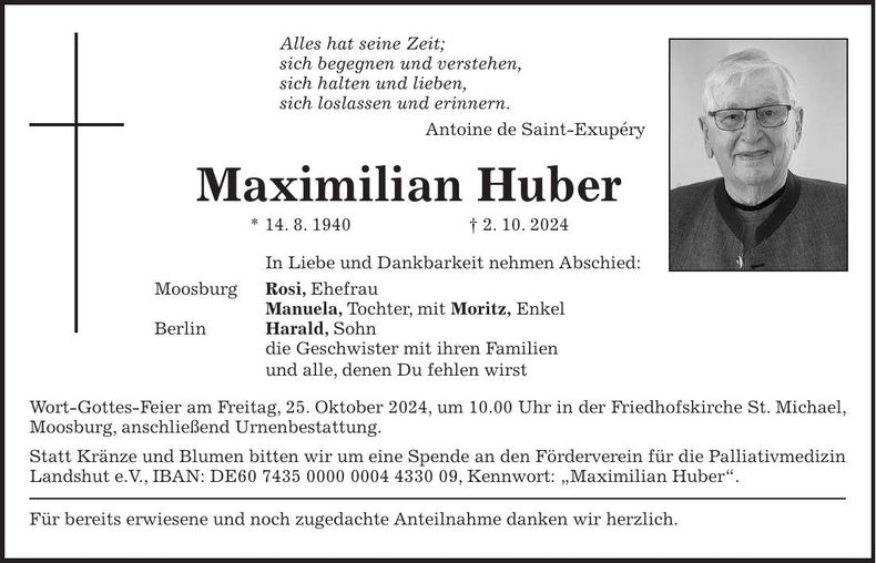 Traueranzeige Maximilian Huber