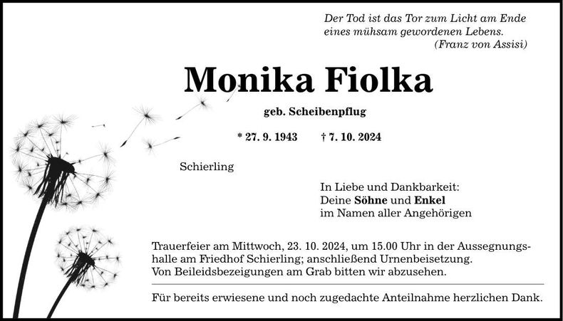 Traueranzeige Monika Fiolka