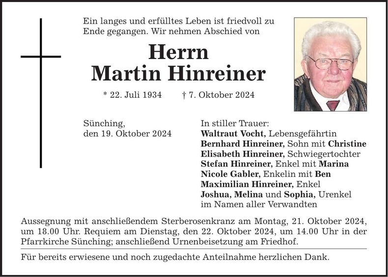 Traueranzeige Martin Hinreiner