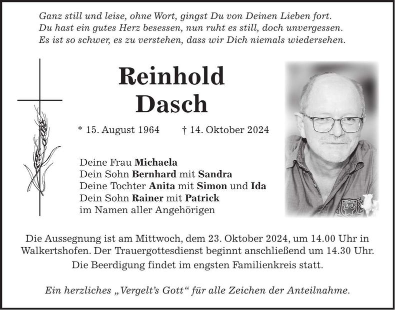 Traueranzeige Reinhold Dasch
