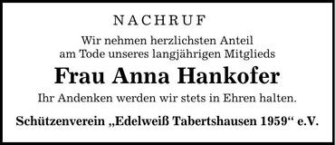 Traueranzeige Anna Hankofer