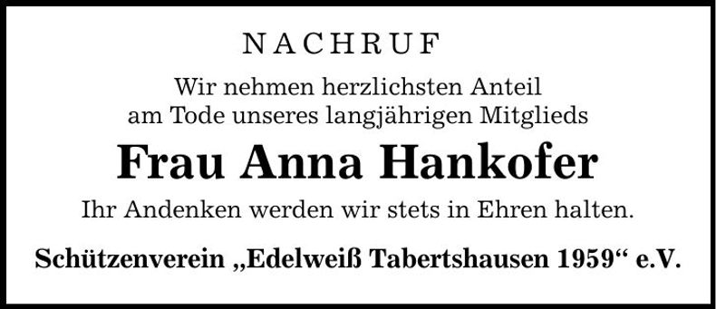 Traueranzeige Anna Hankofer