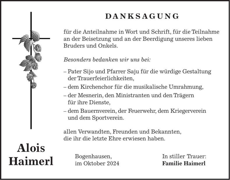 Traueranzeige Alois Haimerl