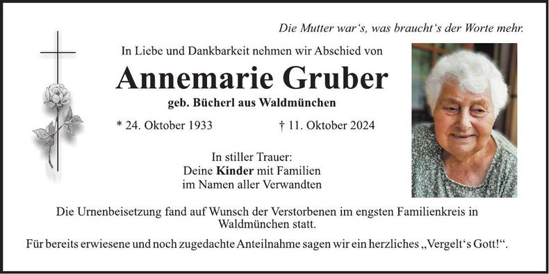 Traueranzeige Annemarie Gruber