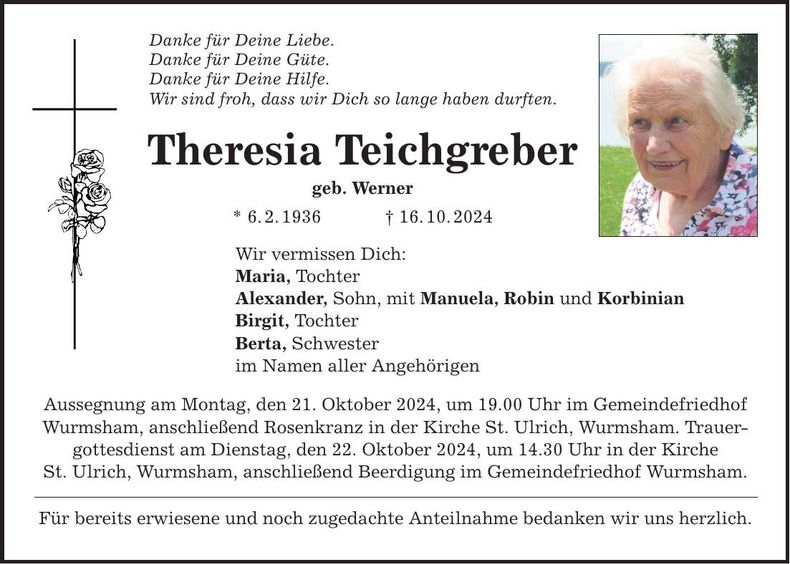 Traueranzeige Theresia Teichgreber
