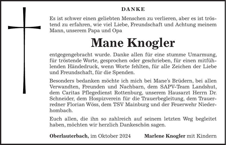 Traueranzeige Mane Knogler