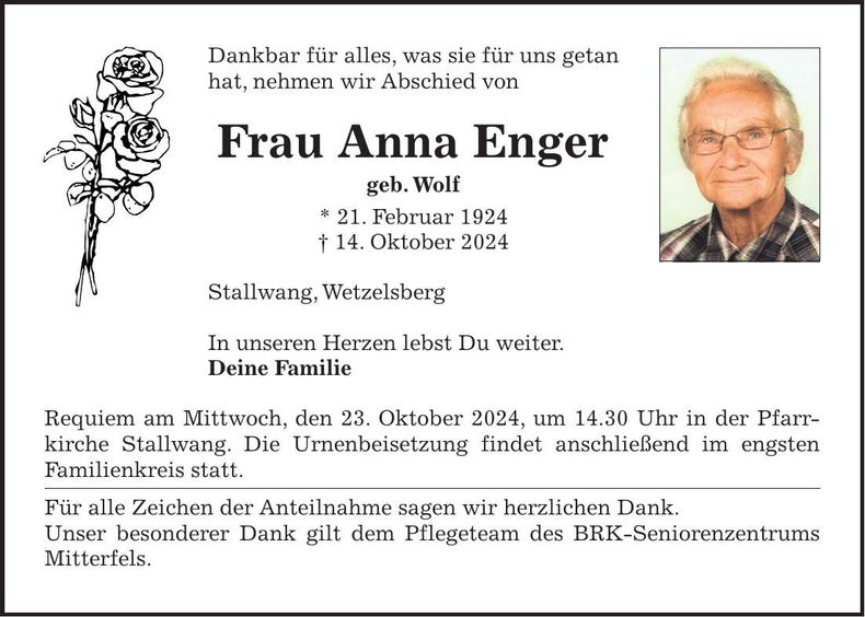 Traueranzeige Anna Enger