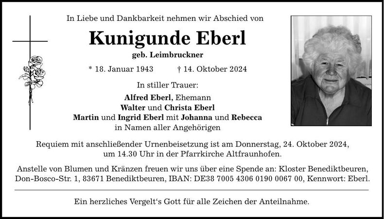 Traueranzeige Kunigunde Eberl