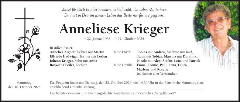 Traueranzeige Anneliese Krieger