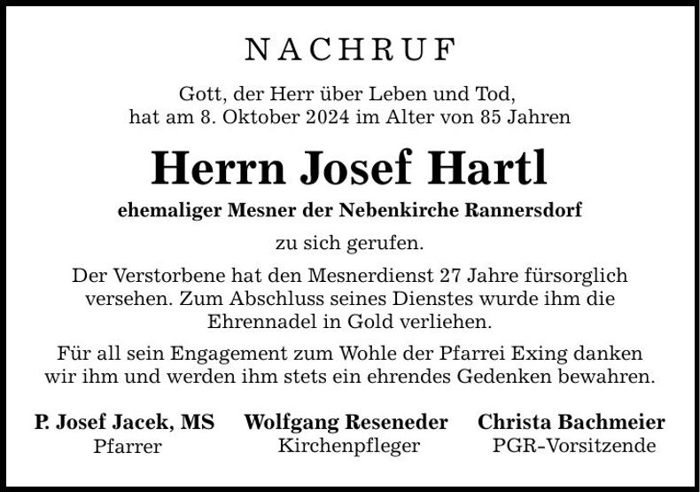 Traueranzeige Josef Hartl