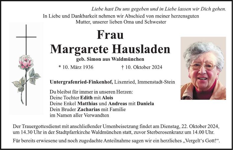 Traueranzeige Margarete Hausladen