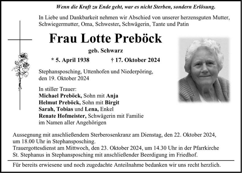 Traueranzeige Lotte Preböck