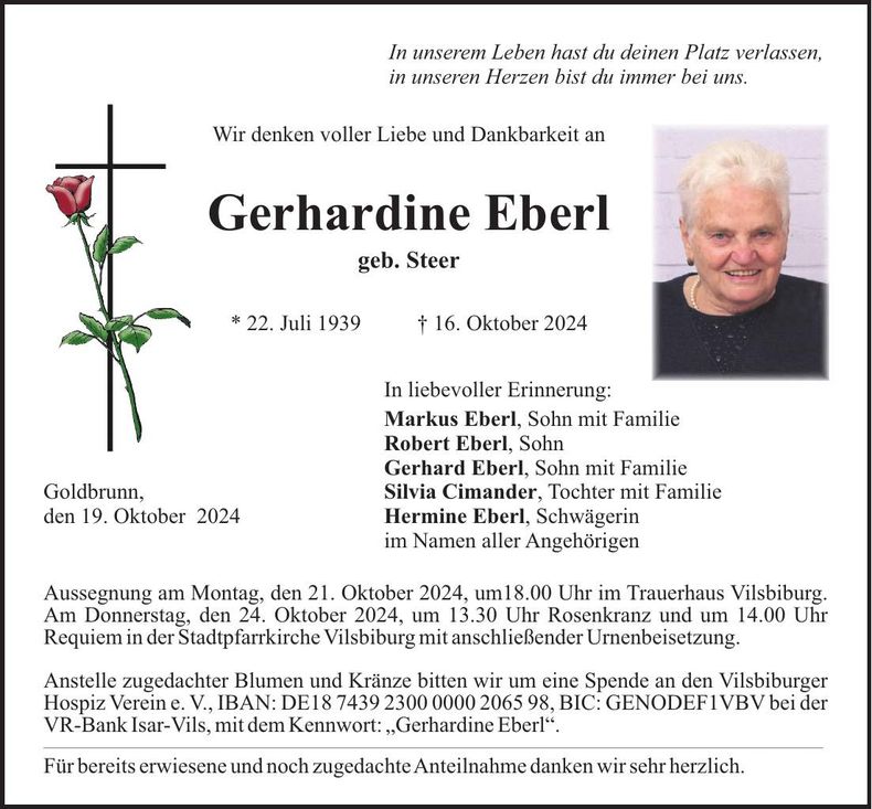 Traueranzeige Gerhardine Eberl
