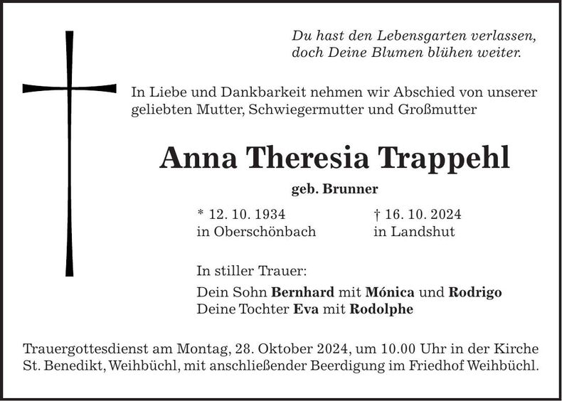 Traueranzeige Anna Theresia Trappehl