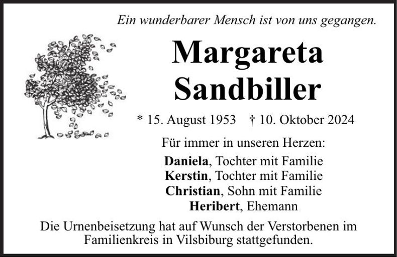 Traueranzeige Margareta Sandbiller