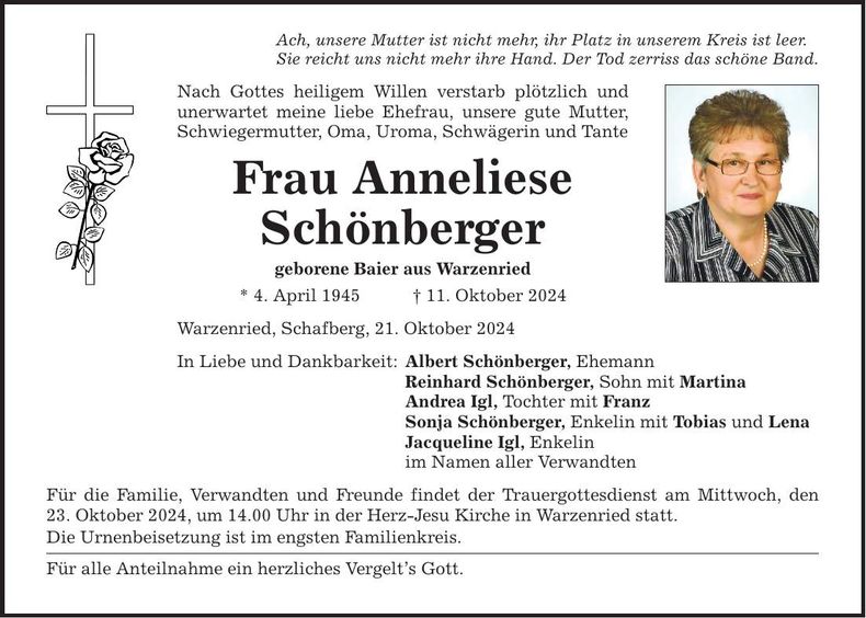 Traueranzeige Anneliese Schönberger