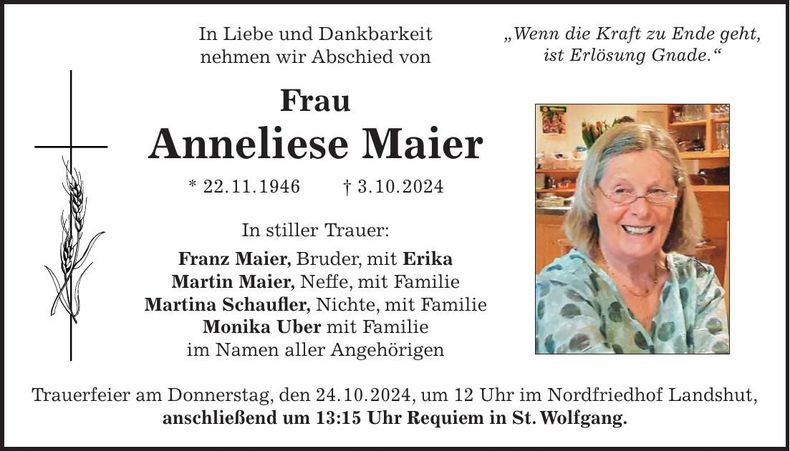 Traueranzeige Anneliese Maier