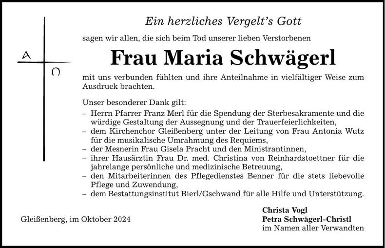 Traueranzeige Maria Schwägerl