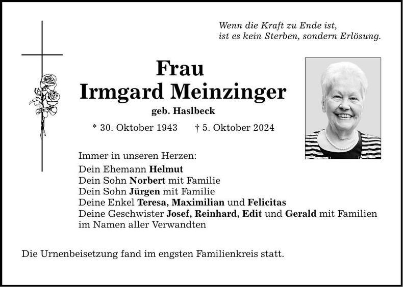 Traueranzeige Irmgard Meinzinger