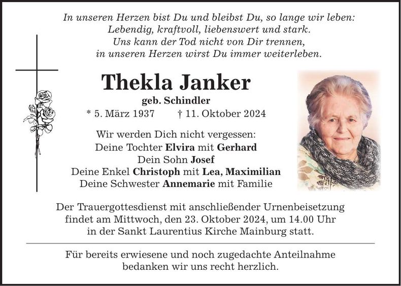 Traueranzeige Thekla Janker