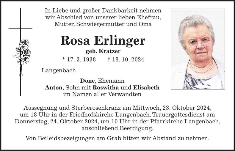 Traueranzeige Rosa Erlinger