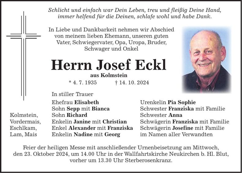 Traueranzeige Josef Eckl