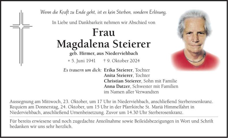 Traueranzeige Magdalena Steierer