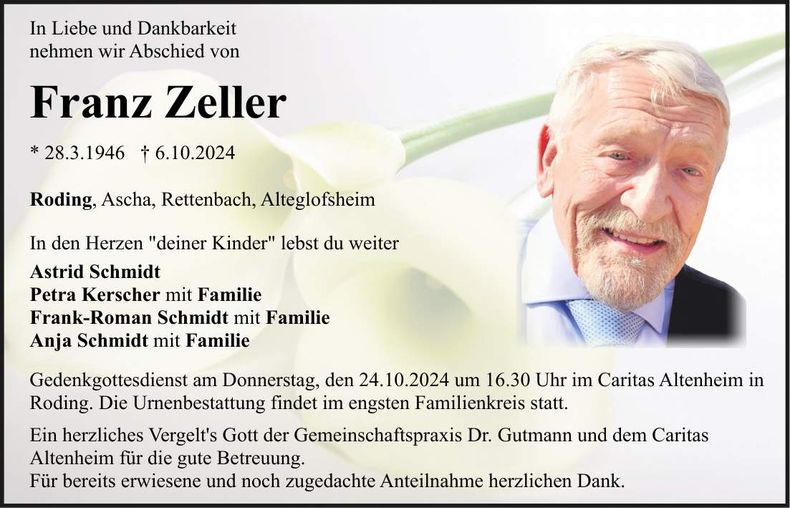 Traueranzeige Franz Zeller